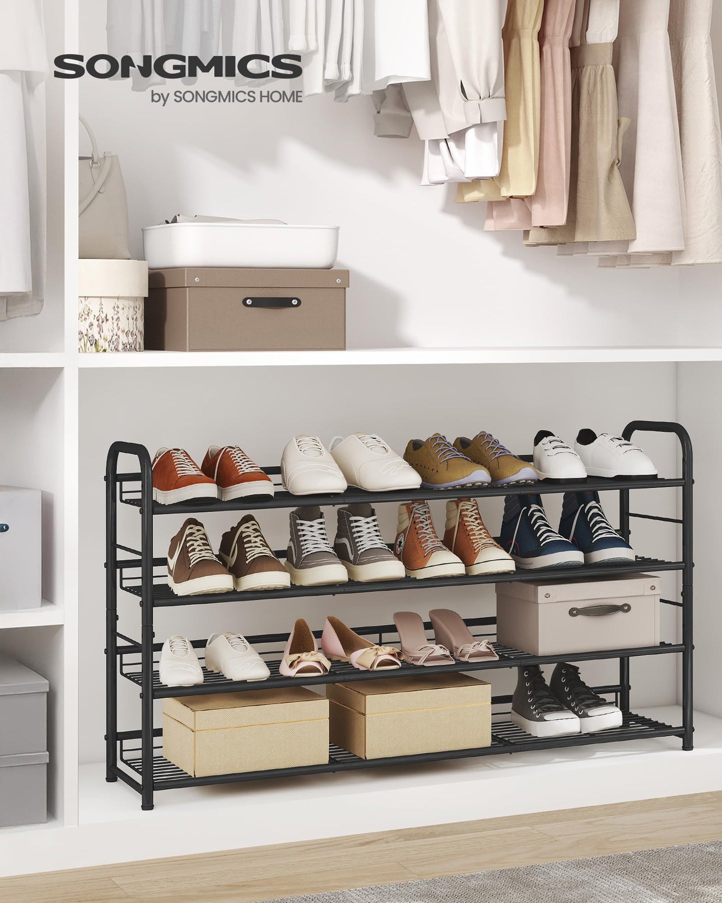 SONGMICS 4-Tier Long Stackable Metal Shoe Rack, Holds Up to 20 Pairs