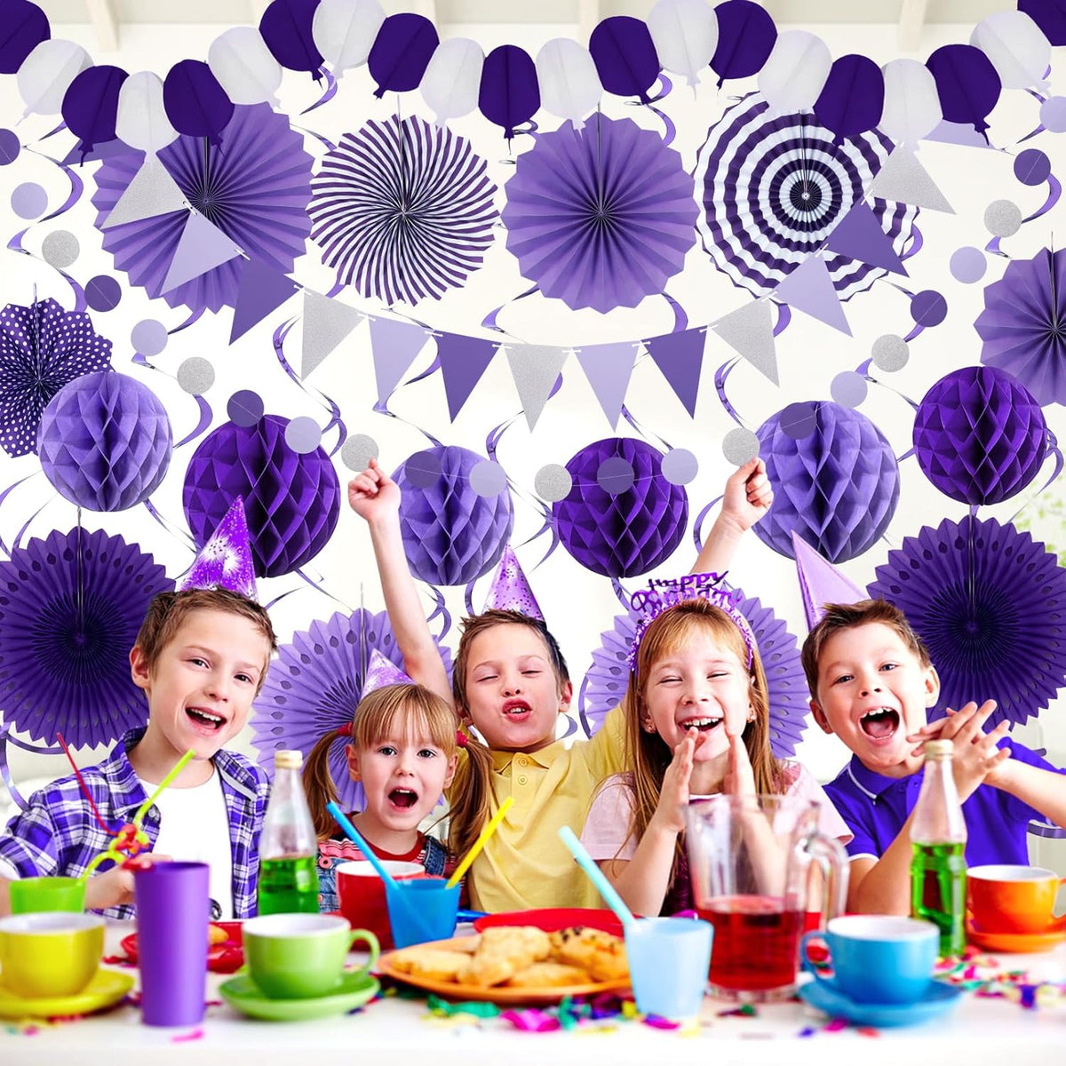 Purple Party Decorations, Birthday Party Supplies Easy Assembly Paper Fan Honeycomb Ball Garland