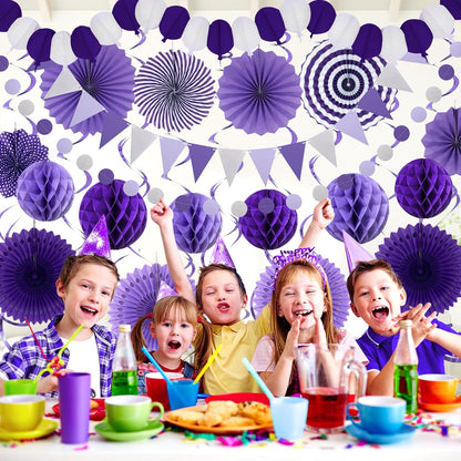 Purple Party Decorations, Birthday Party Supplies Easy Assembly Paper Fan Honeycomb Ball Garland