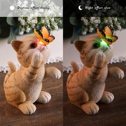 Solar Garden Statue Cute Cat Figurine Fun Color Changing LED Butterfly Light Outdoor Decor