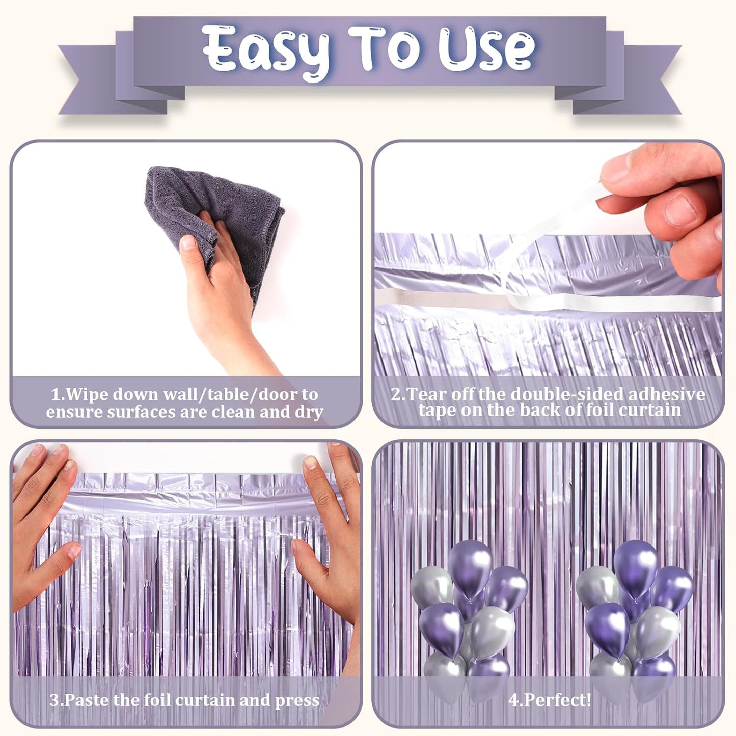 3 Pack 3.3 x 8.2 ft Light Purple Foil Fringe Backdrop Curtains, Tinsel Streamers Party Decorations