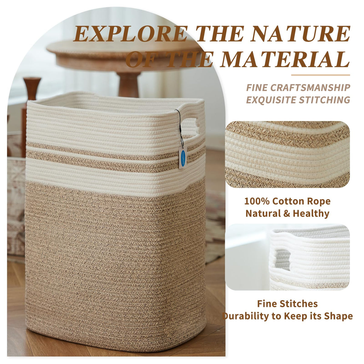 Casaphoria Laundry Hamper, Light Brown Cotton, 16x13x22in, Foldable, Square, Large, Box, 50L