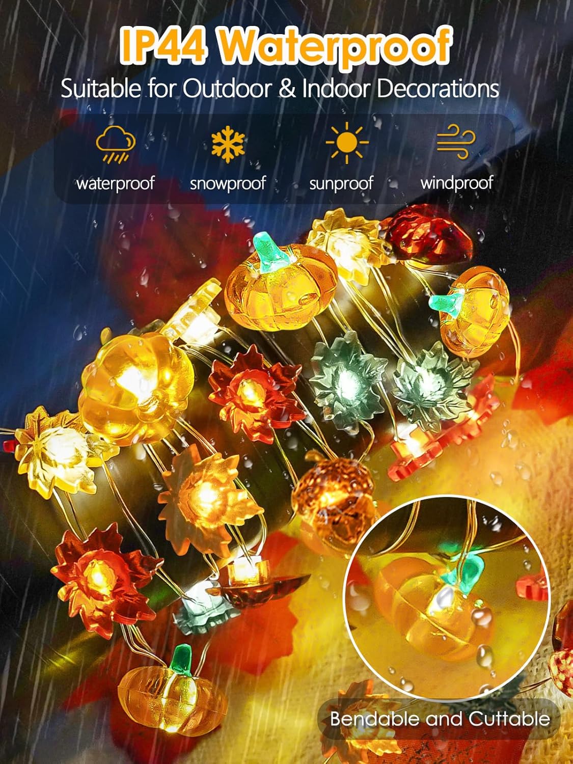 Fall Decorations 3D Pumpkin Acorn Maple Leaf Fairy Lights Battery Operated with Remote, 10FT 30 LED
