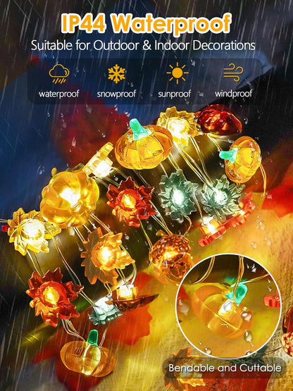 Fall Decorations 3D Pumpkin Acorn Maple Leaf Fairy Lights Battery Operated with Remote, 10FT 30 LED