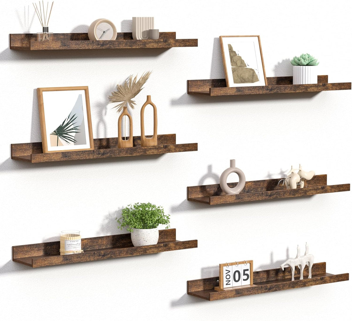 upsimples Floating Shelves for Wall, Wall Shelves for Decor Storage Set of 6, Wall Mounted Wood
