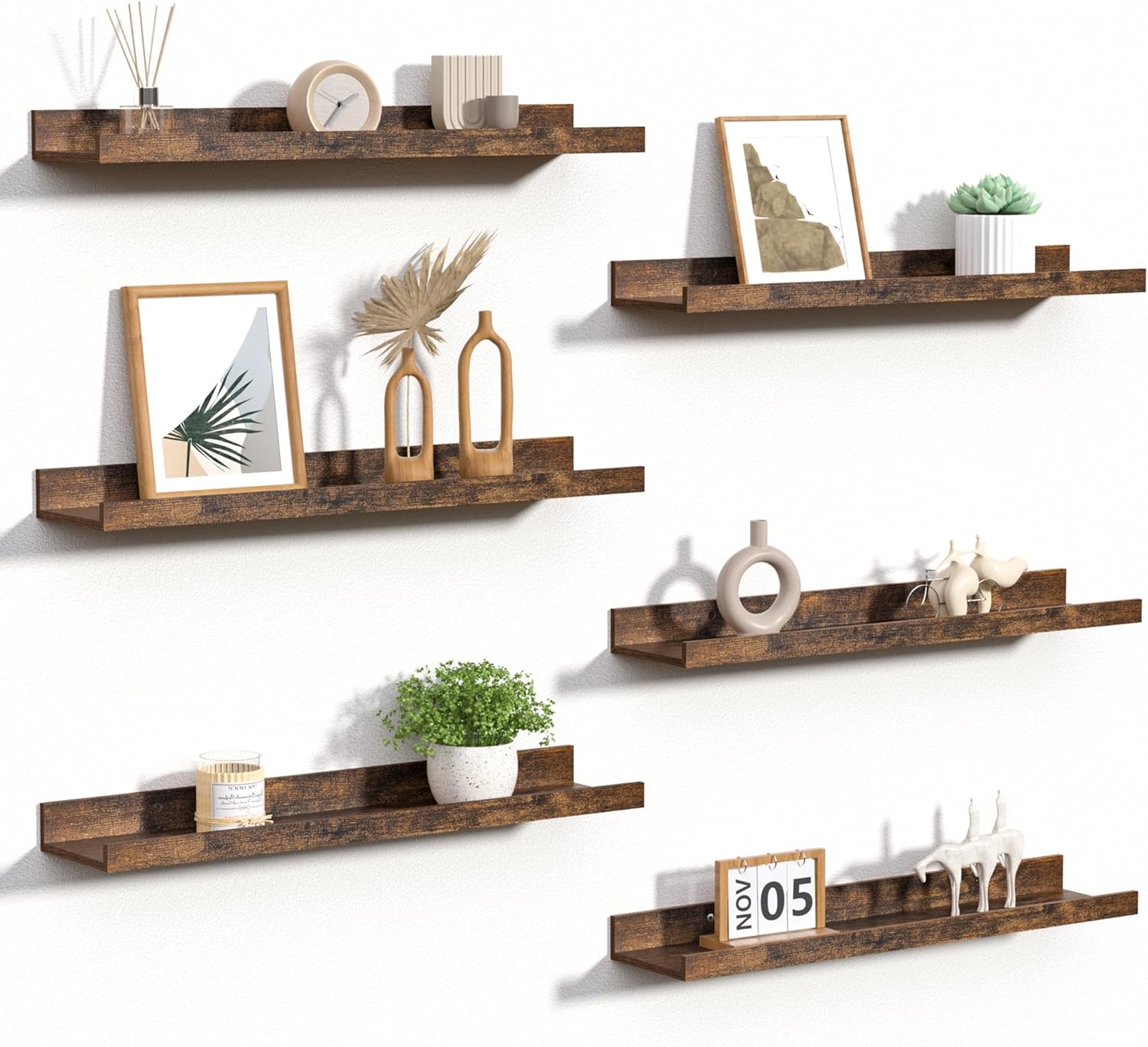 upsimples Floating Shelves for Wall, Wall Shelves for Decor Storage Set of 6, Wall Mounted Wood