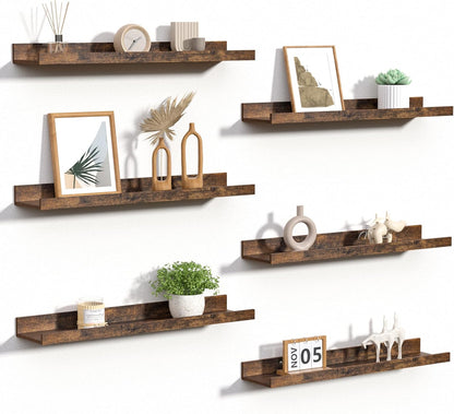 upsimples Floating Shelves for Wall, Wall Shelves for Decor Storage Set of 6, Wall Mounted Wood