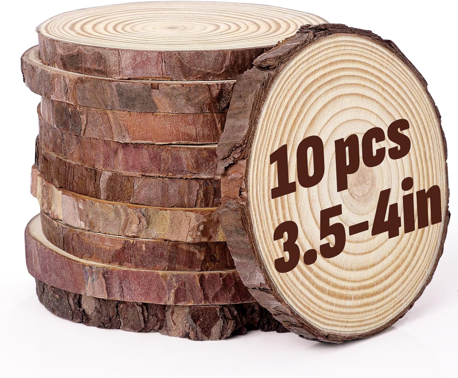 FUMILE Unfinished Natural Wood Slices 3.5-4 Inch, 10 PCS Round Wooden Discs with Tree Bark, Wood