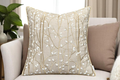 VAGMINE Embroidered Forest Throw Pillow Cover - 20x20 Inches Square - 100% Linen Natural Decorative