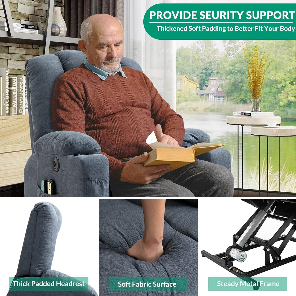 VIVIJASON Power Lift Chair Electric Recliner for Elderly Heated Vibration Massage Soft Fabric