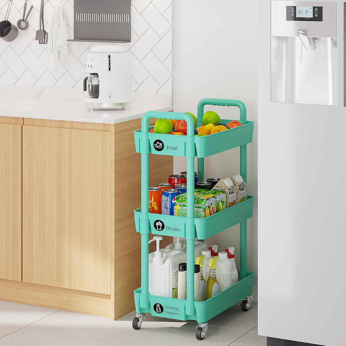 Laiensia 3-Tier Rolling Cart with Wheels,Multifunction Utility Storage carts, Kitchen Storage