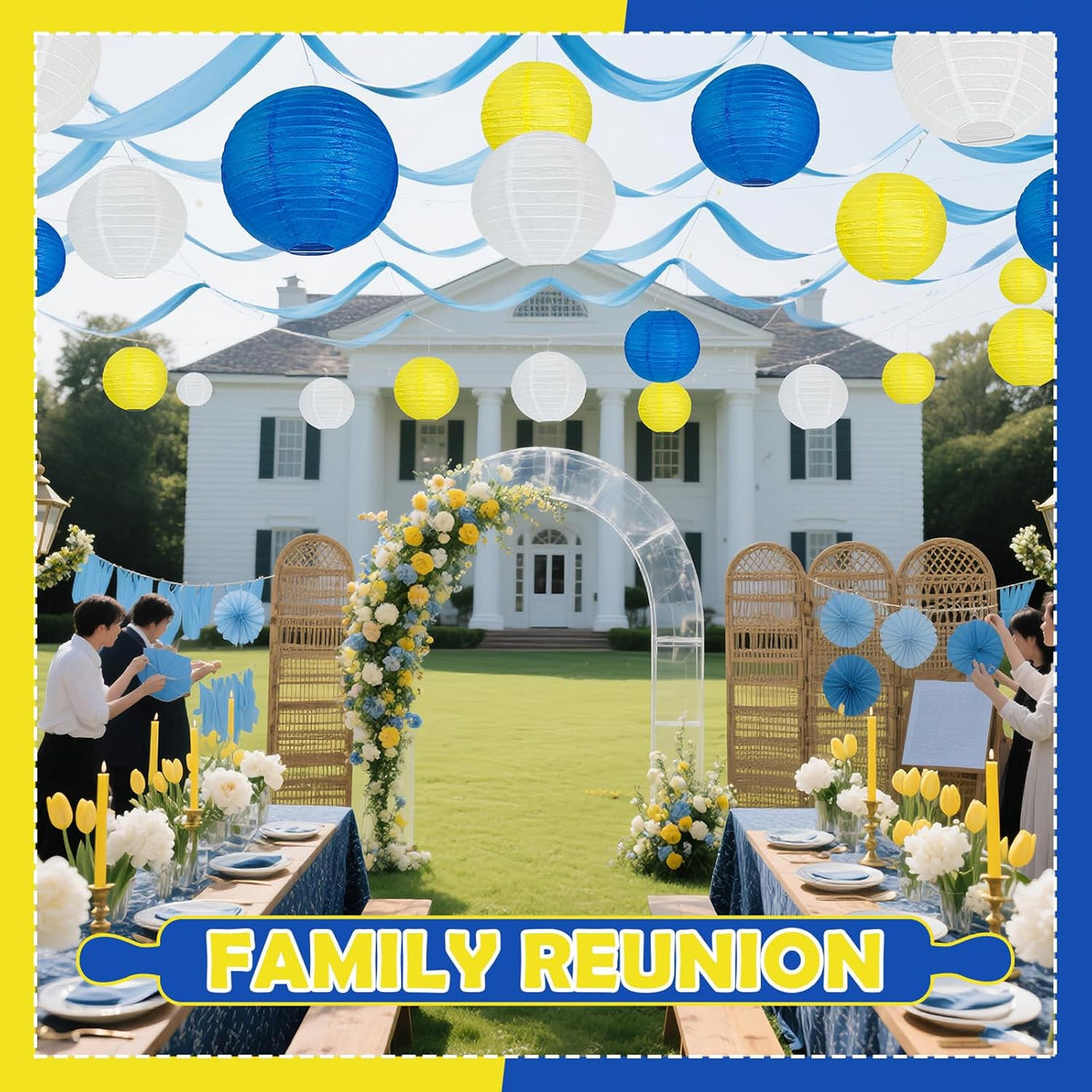 12Pcs Blue and Yellow Party Decorations Hanging Round Paper Lanterns Assorted Sizes (8" 10" 12")