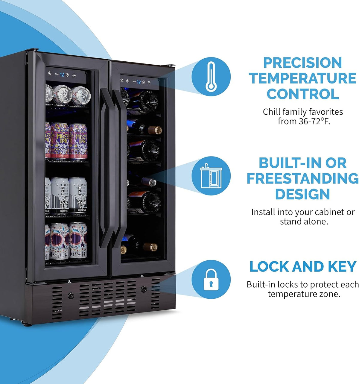 NewAir 24" Dual Zone Wine and Beverage Refrigerator, 18 Bottle & 58 Can, French Door Built-In
