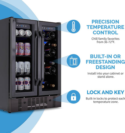 NewAir 24" Dual Zone Wine and Beverage Refrigerator, 18 Bottle & 58 Can, French Door Built-In