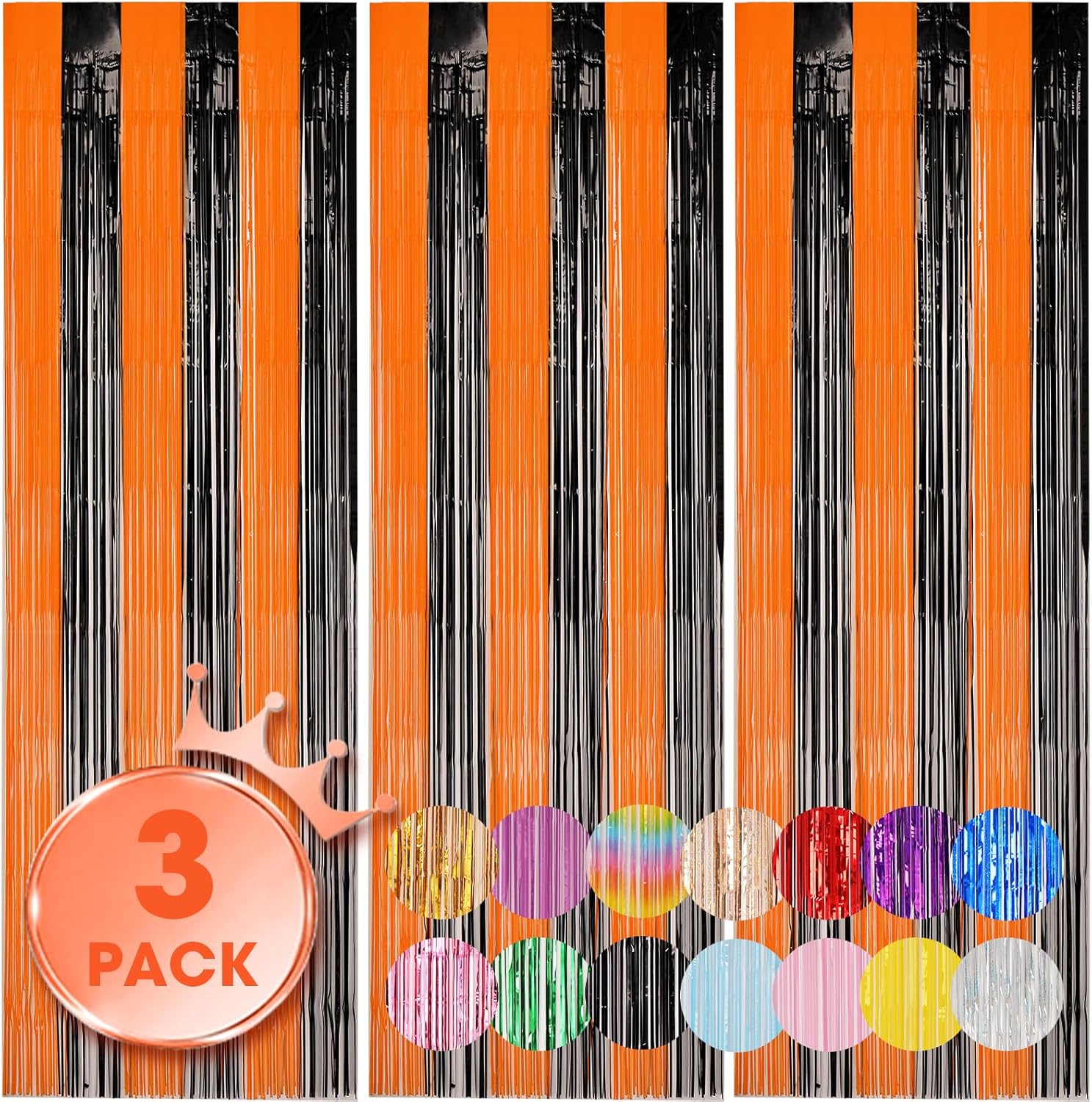 3 Pack 3.3x8.2 Feet Black and Orange Foil Fringe Backdrop Curtains, Tinsel Streamers Birthday Party
