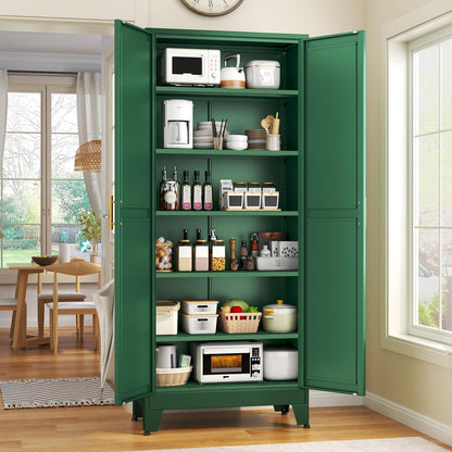 75.2" Tall Kitchen Food Pantry, Pantry Cabinet with 2 Door and 5 Adjustable Shelves, Green Laundry
