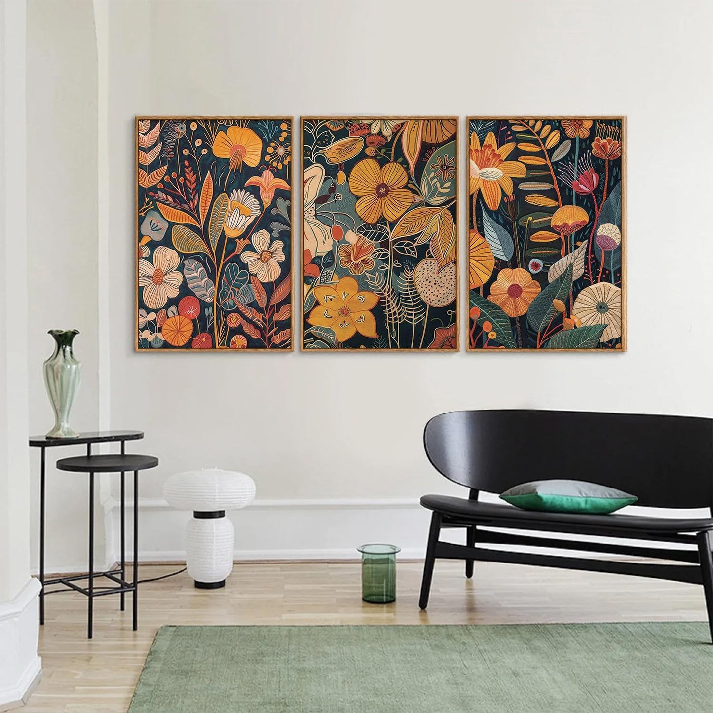 SIGNINART Orange Floral Framed Canvas Wall Art Set of 3, Mid Century Modern Flower Wall Decor