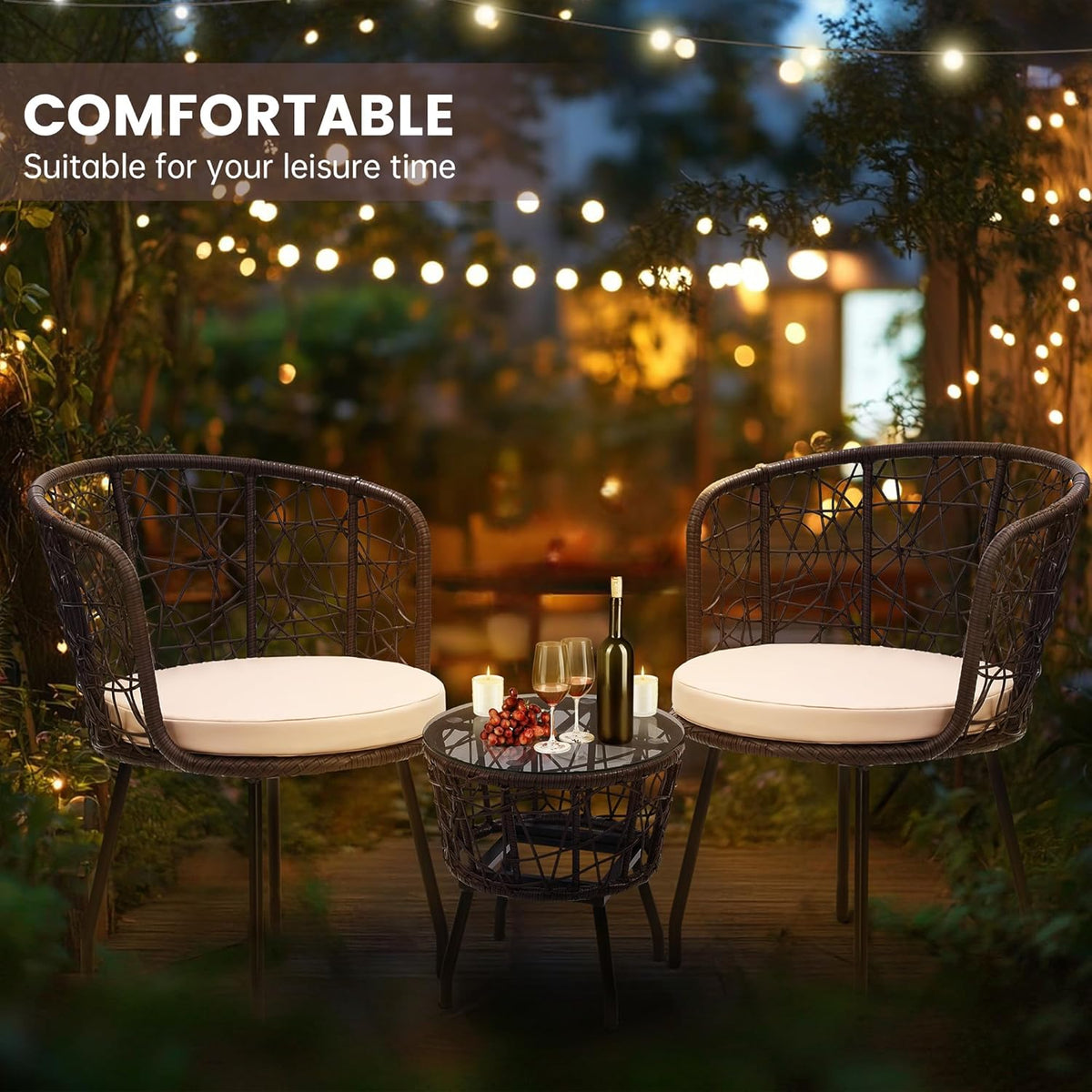 Kromax 3 Piece Bistro Set, Modern Outdoor Wicker Patio Furniture with Tempered Glass Table Top and
