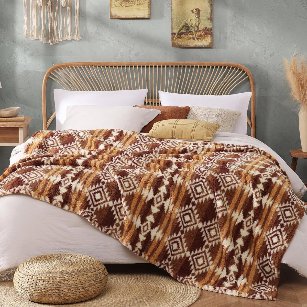 CASAAGUSTO Boho Sherpa Throw Blanket, Aztec, Ultra Soft, Warm, Cozy, Plush, Thick Fleece Bohemian