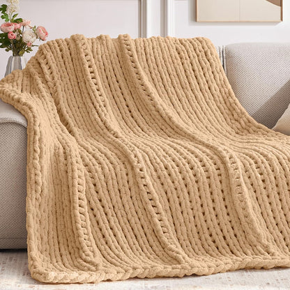Chunky Knit Throw Blanket, 40''*50'' Knitted Throw Chenille Yarn for Bed Couch, Handmade Beige