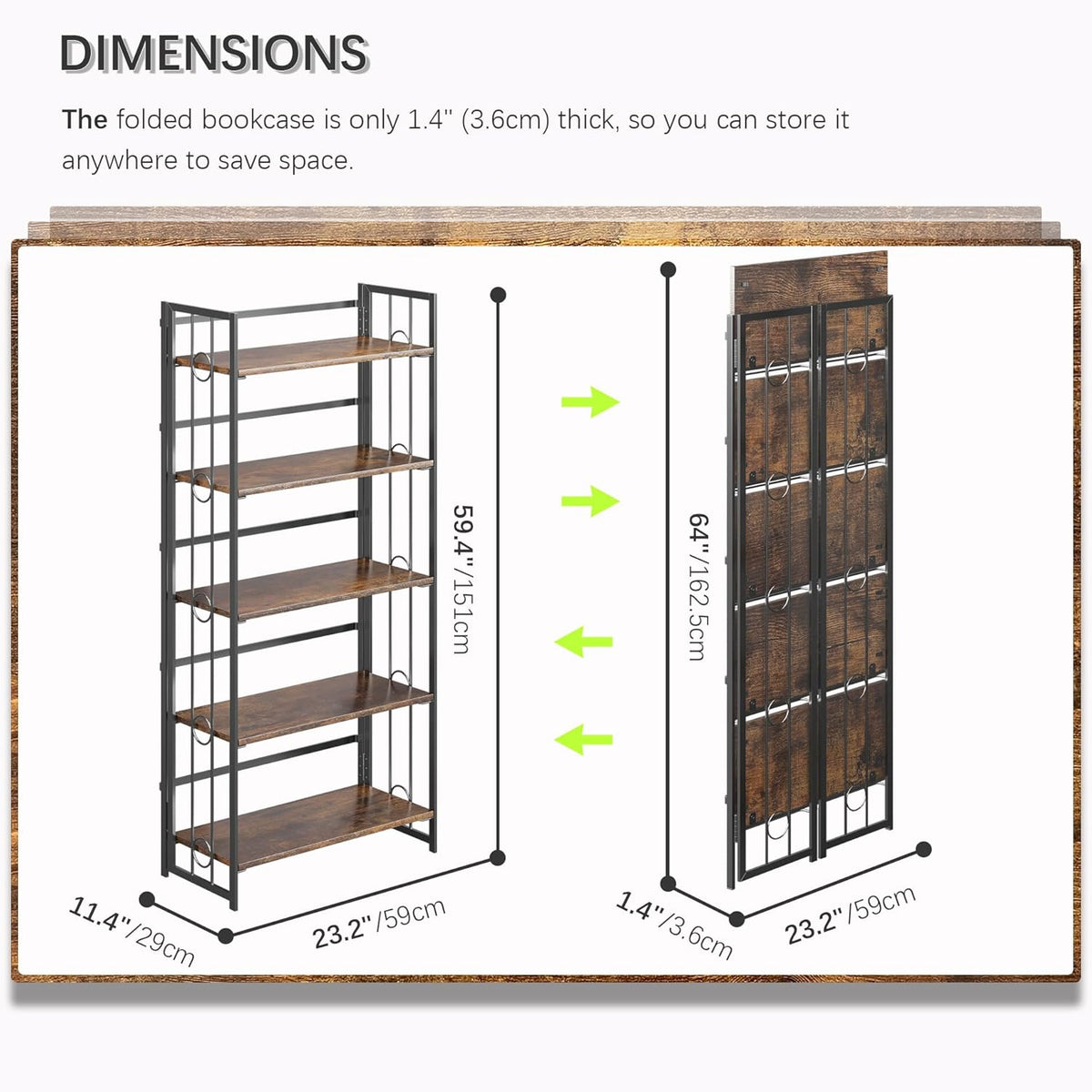 4NM No Assembly 5 Tiers Folding Bookshelf, 59.4" H Foldable Storage Shelves Vintage Bookcase