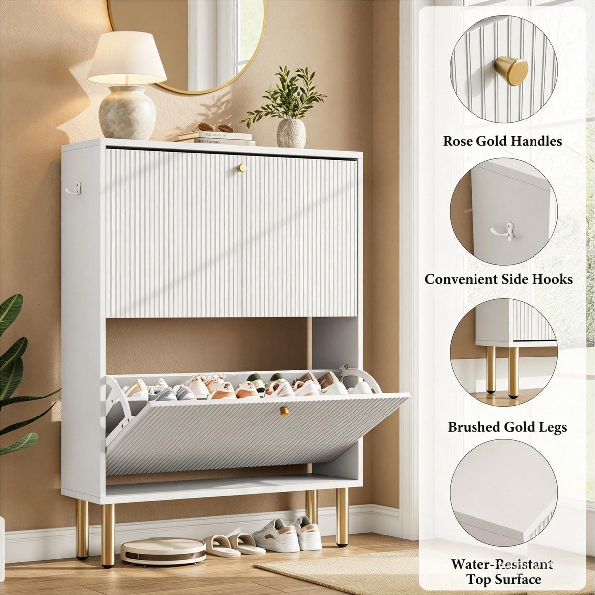 Nicetree Shoe Storage Cabinet for Entryway - 2 Flip Drawers Shoe Cabinet with Tiered Fluted Design