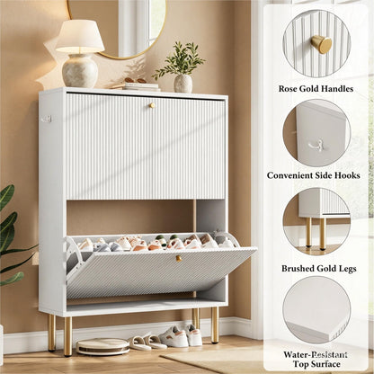 Nicetree Shoe Storage Cabinet for Entryway - 2 Flip Drawers Shoe Cabinet with Tiered Fluted Design