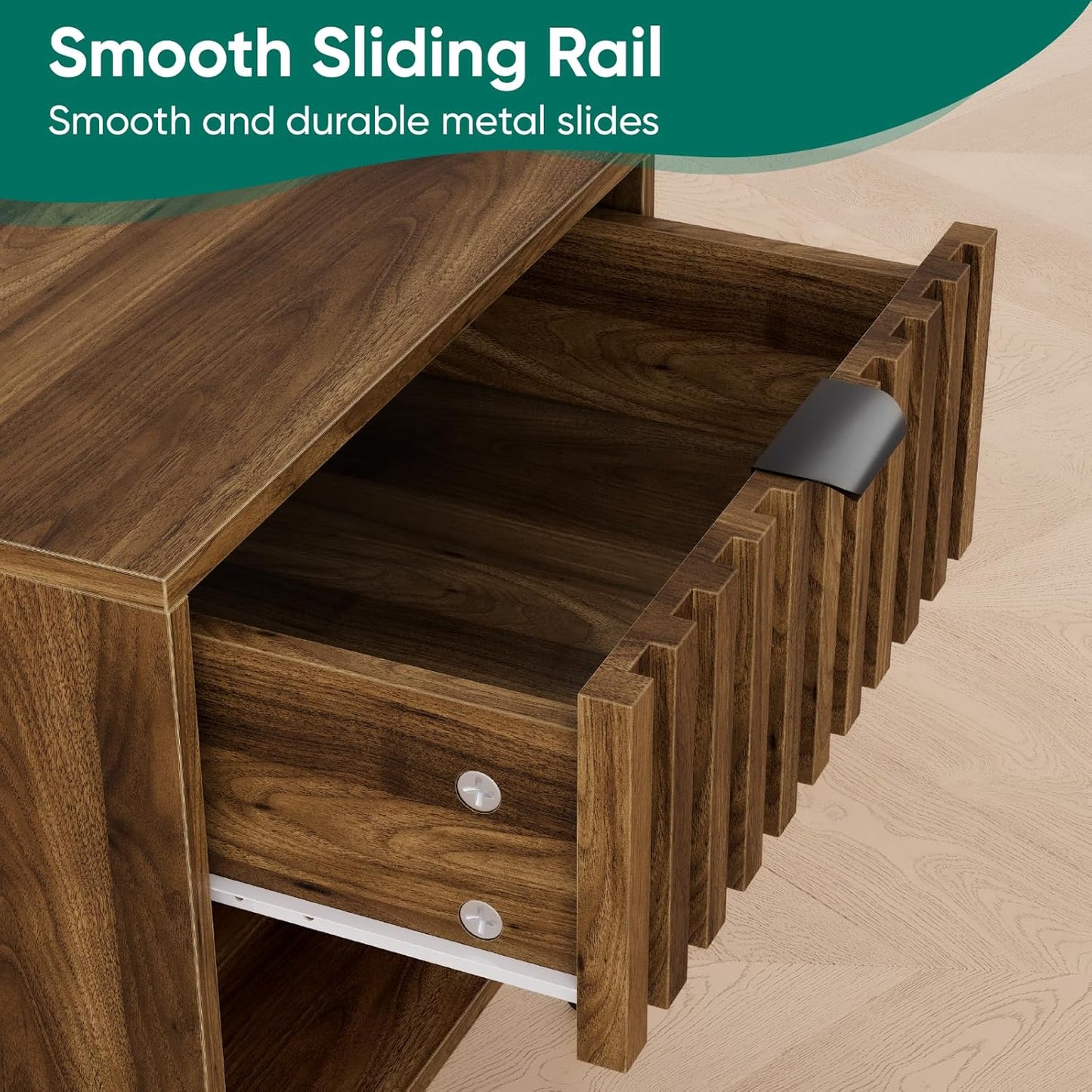 Smuxee Walnut Wooden Night Stand, Mid Century Nightstand with Fluted Drawer, Bedside Table with