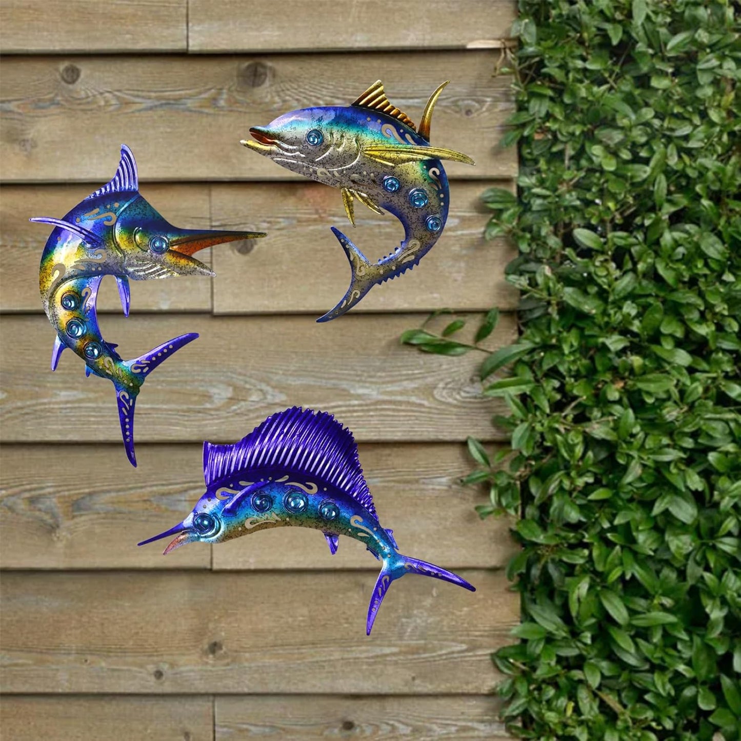 Metal Fish Wall Art Decor, 3-Piece Marlin Tuna Swordfish Set, Blue and Gold Tropical Ocean Theme