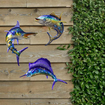 Metal Fish Wall Art Decor, 3-Piece Marlin Tuna Swordfish Set, Blue and Gold Tropical Ocean Theme