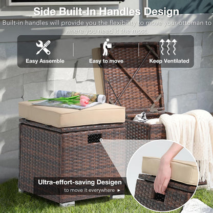Patiorama 2 Piece Outdoor Patio Ottomans, All-Weather Brown PE Rattan Wicker Ottoman with Storage
