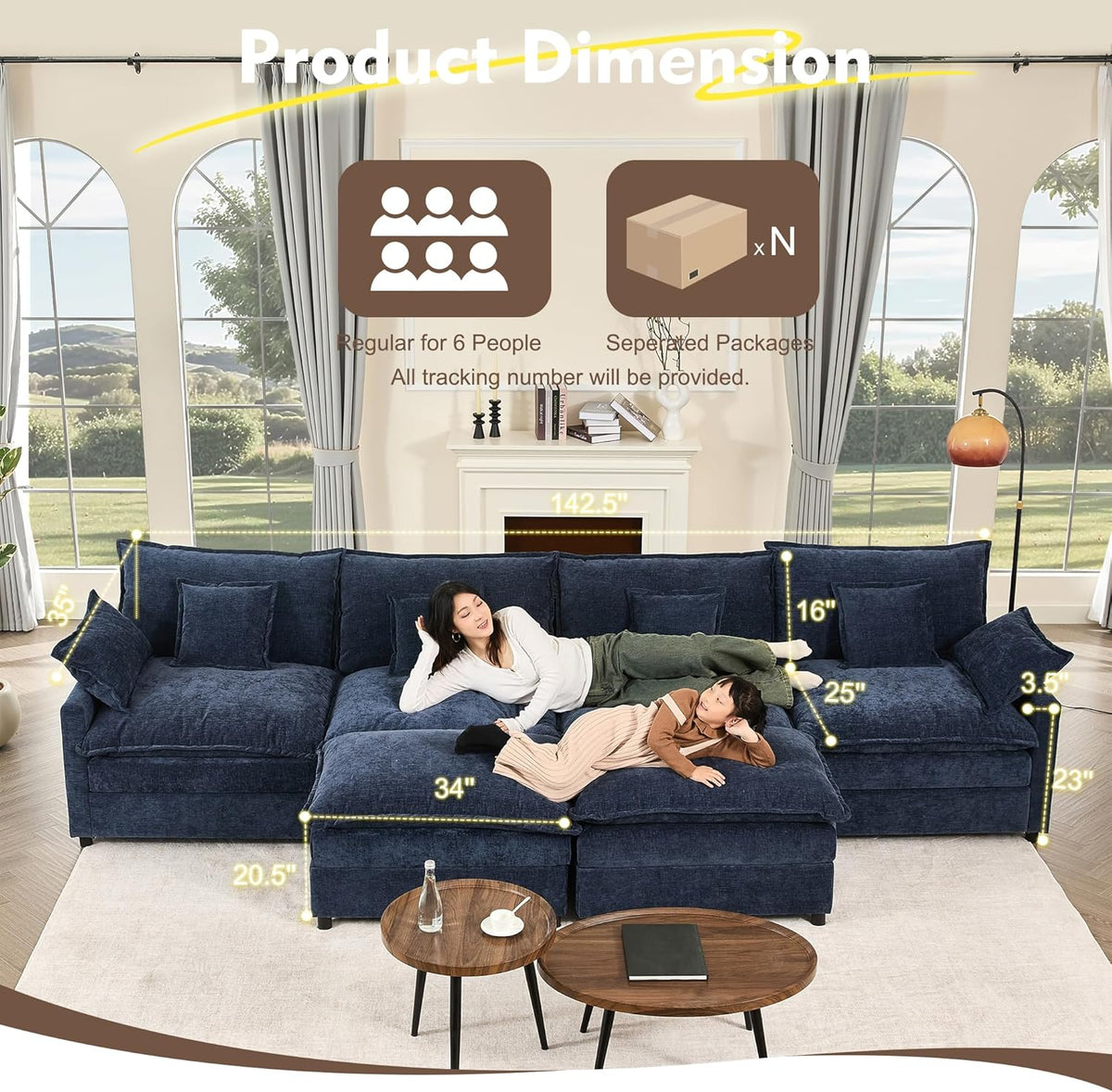 142.5" U Shaped Couch, Modular Sectional Sofa, 3-Seater Comfy Cloud Couch with Movable Ottoman
