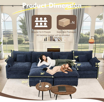 142.5" U Shaped Couch, Modular Sectional Sofa, 3-Seater Comfy Cloud Couch with Movable Ottoman
