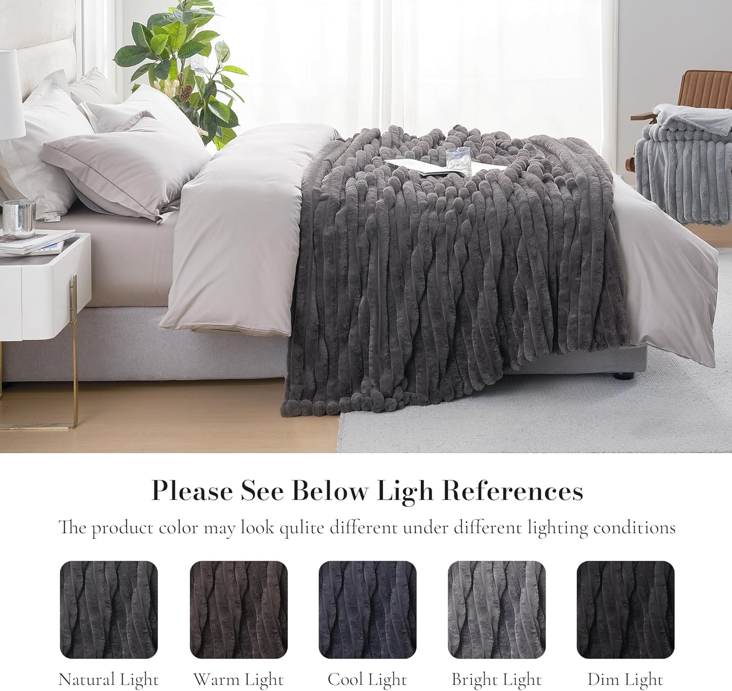Amélie Home Faux Fur Throw Blanket for Couch, Cozy Fuzzy Fluffy Fur Luxurious Soft Striped Plush