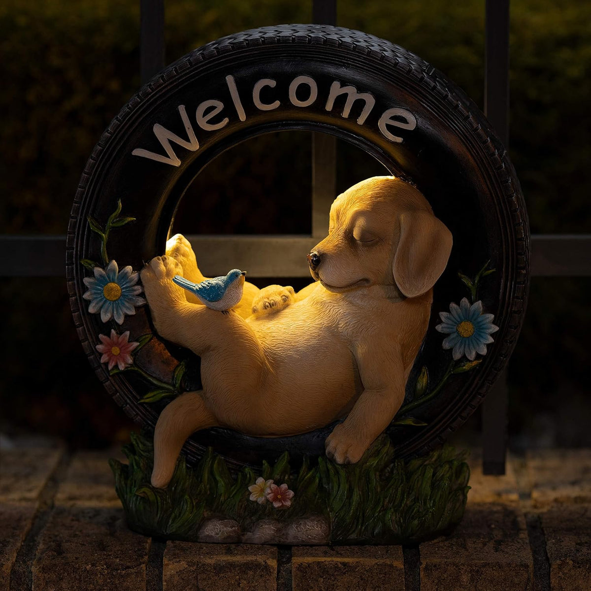 VP Home Chillaxing Welcome Puppy Dog Solar Powered LED Garden Light Welcome Chillax Puppy Statue