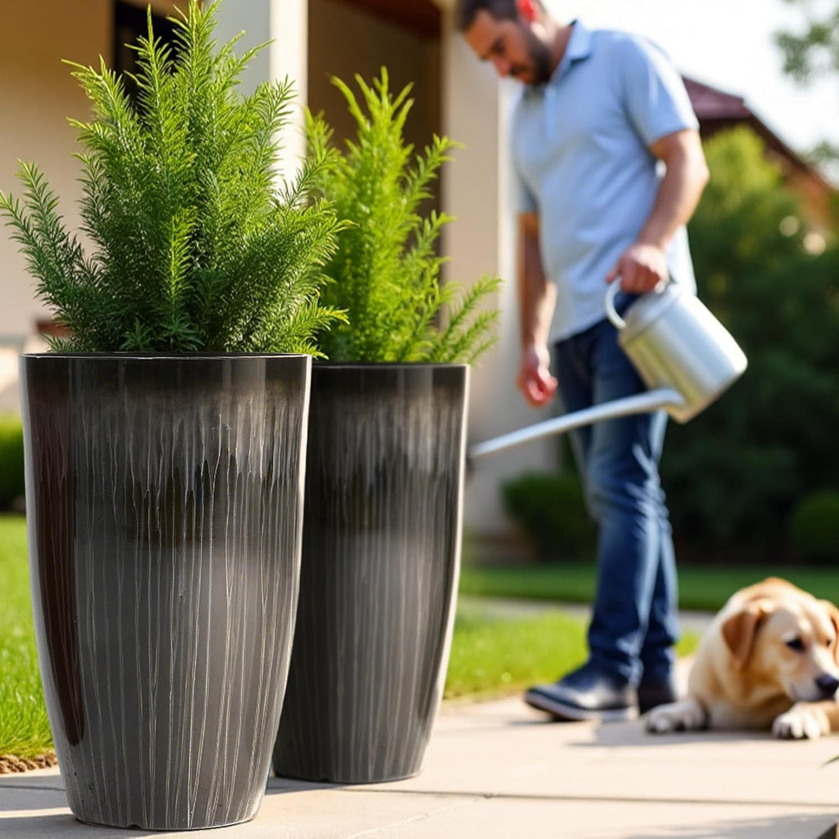Worth Garden 23.5" H. Large Plastic Planters - Set of 2 Gradient Black Glossy Smooth Finish - Tall