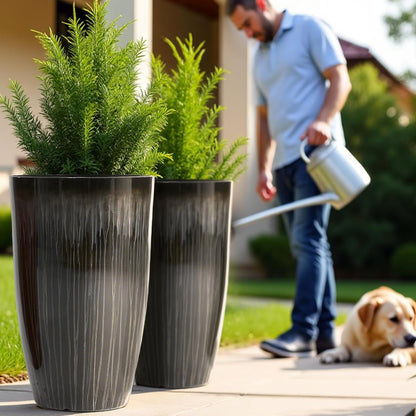Worth Garden 23.5" H. Large Plastic Planters - Set of 2 Gradient Black Glossy Smooth Finish - Tall