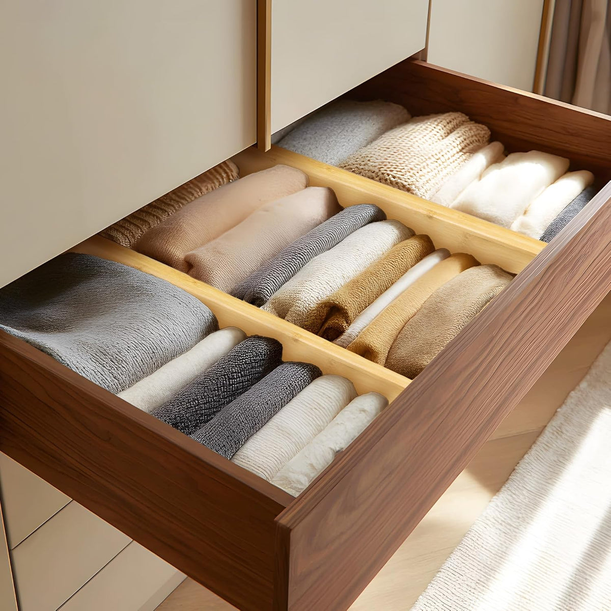 VaeFae 3 Pack Bamboo Drawer Dividers, 4" High Adjustable 16.6" - 21.8" Clothes Drawer Organizers