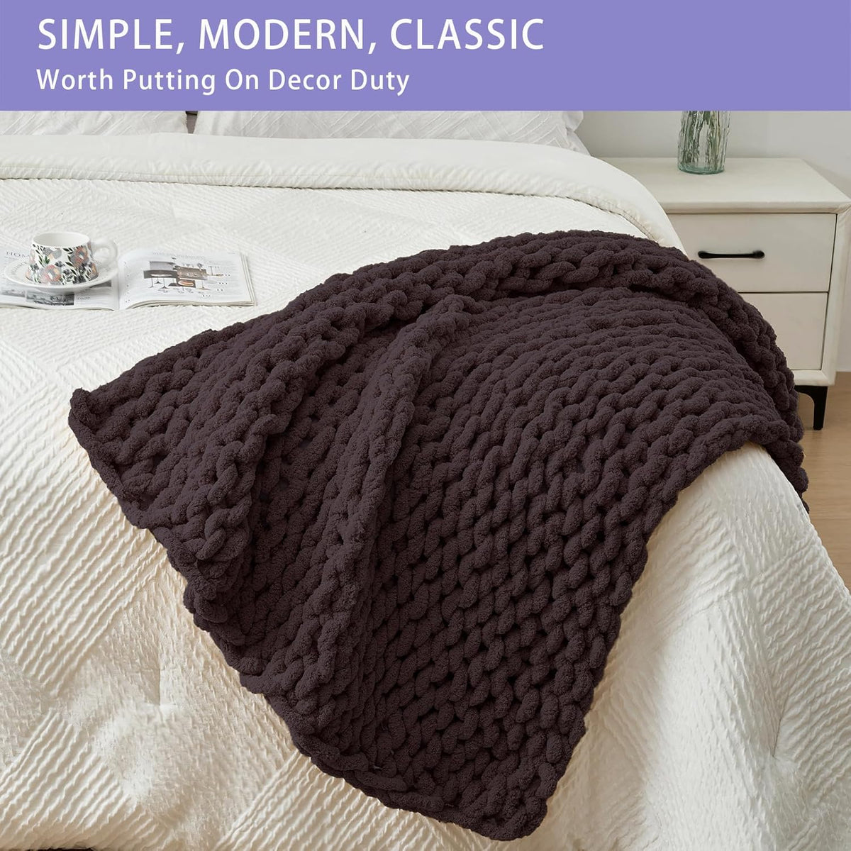 Bigacogo Chunky Knit Throw Blanket for Couch, 40x40 inches, 100% Hand Knitted with Thick Jumbo