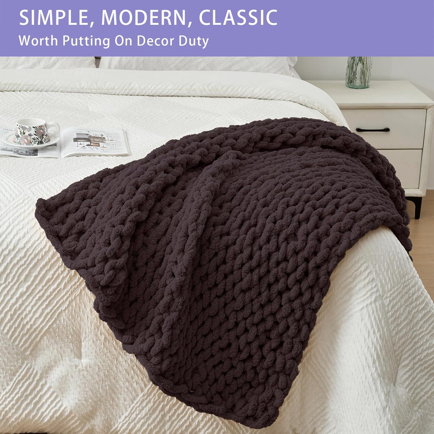 Bigacogo Chunky Knit Throw Blanket for Couch, 40x40 inches, 100% Hand Knitted with Thick Jumbo