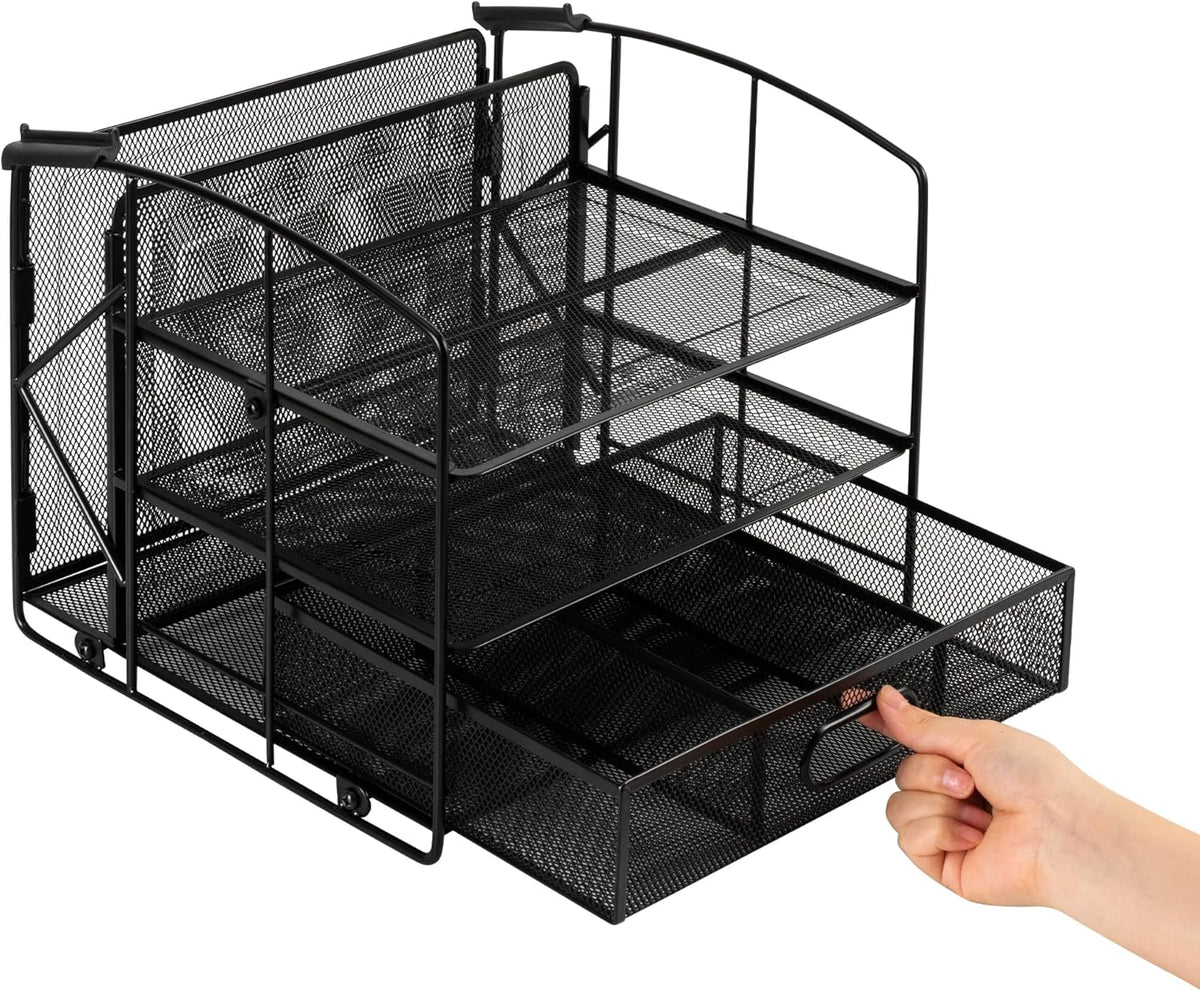 Amazon Basics Rectangular Desk Organizer 3 Tray w/Sliding Drawer and Hanging File Holder, Black