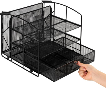 Amazon Basics Rectangular Desk Organizer 3 Tray w/Sliding Drawer and Hanging File Holder, Black