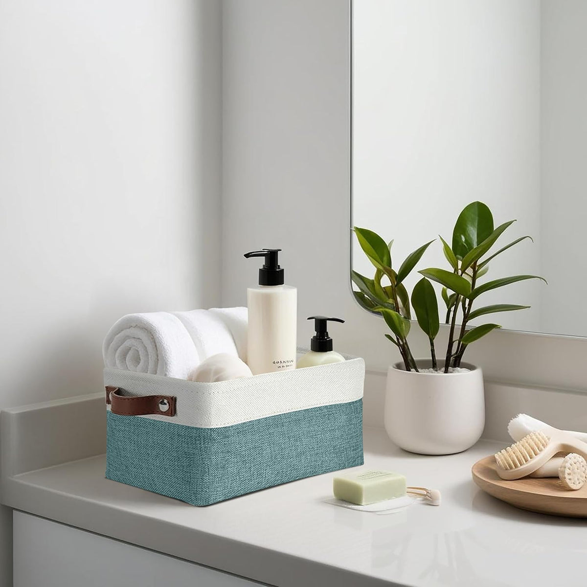 DECOMOMO Small Storage Basket, Closet Storage Bins, Baskets for Organizing Shelves (Teal & White