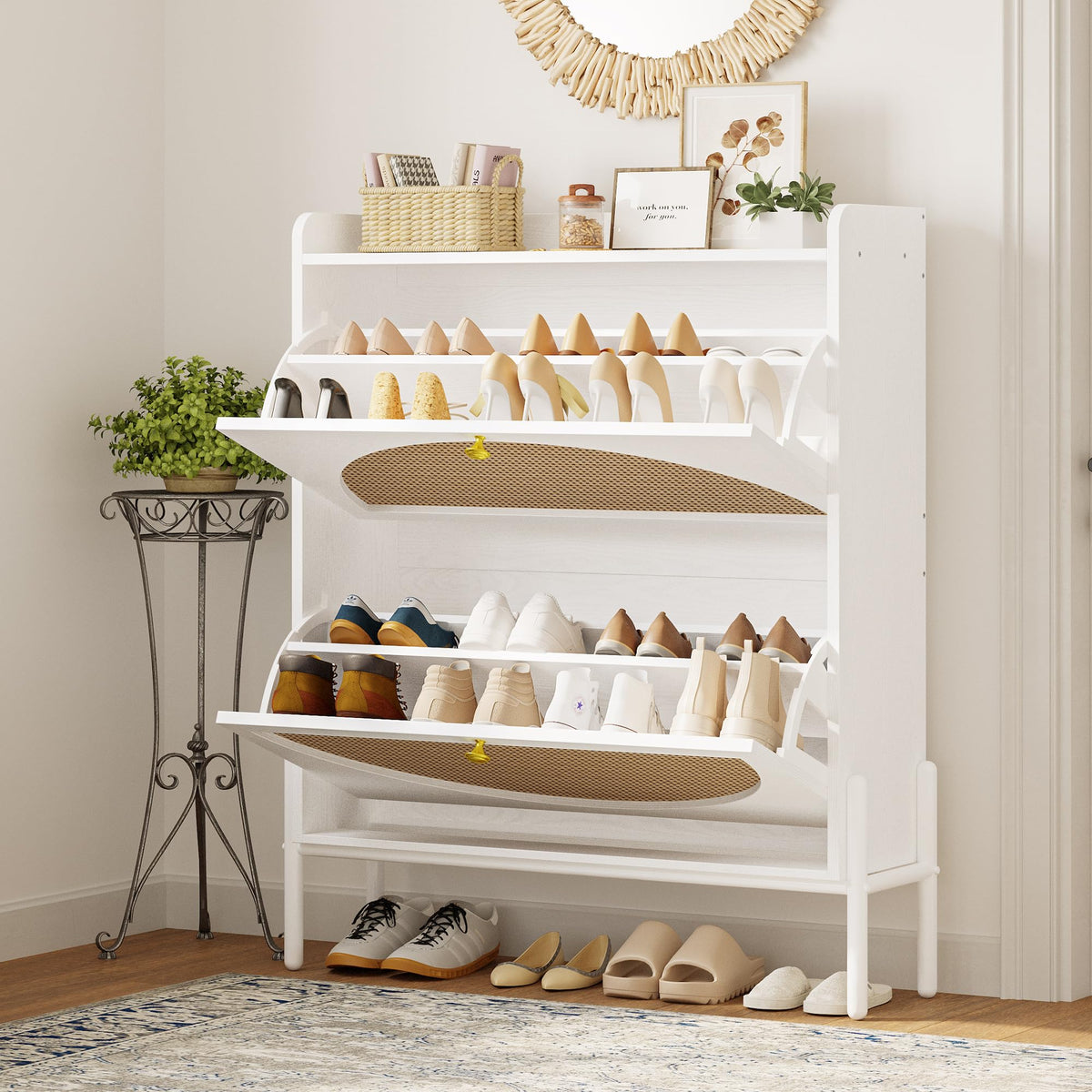 IRONCK Rattan Shoe Cabinet Storage with 2 Flip Drawers, White