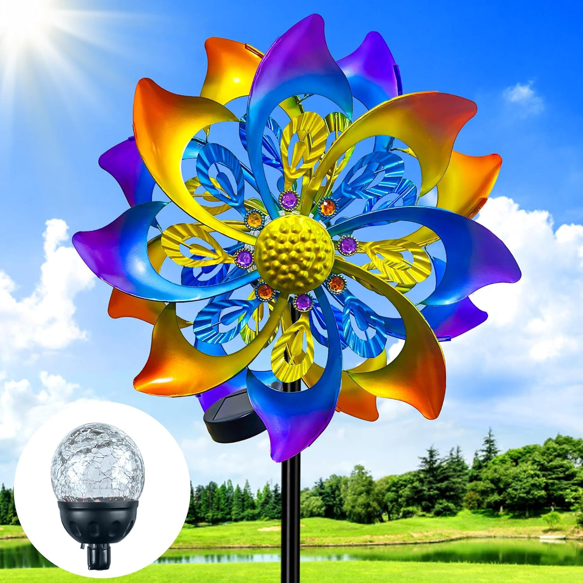 60 Inch Solar Wind Spinner Outdoor - Double-Sided Rotating Colorful Kinetic Wind Spinners for