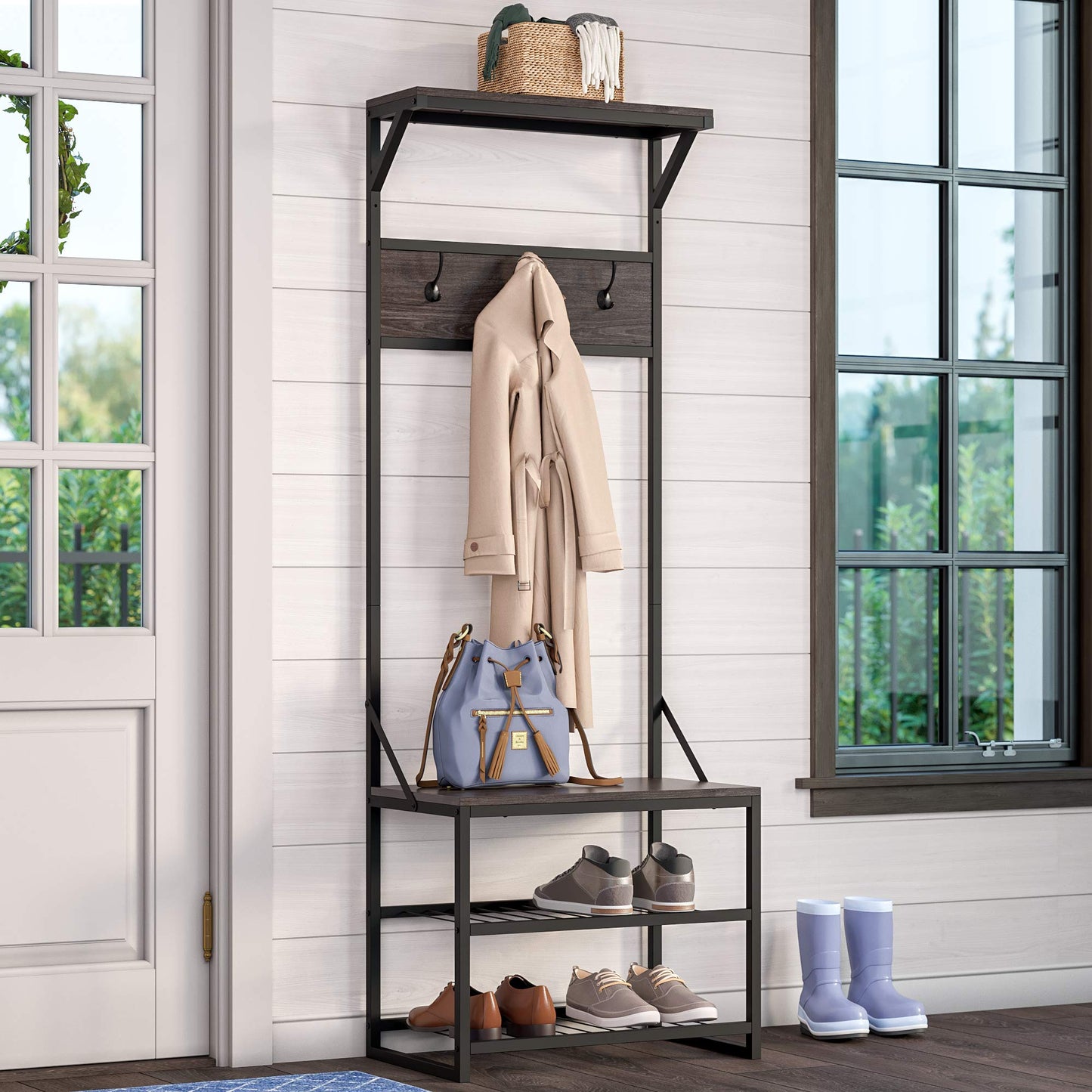 RiverRidge Afton Hall Tree, Black Metal Frame and Weathered Woodgrain