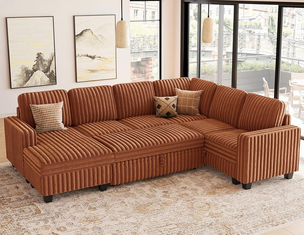 Belffin Corduroy Sleeper Sofa Bed with Storage Chaise Modular Sectional Sofa Couch with Pull Out