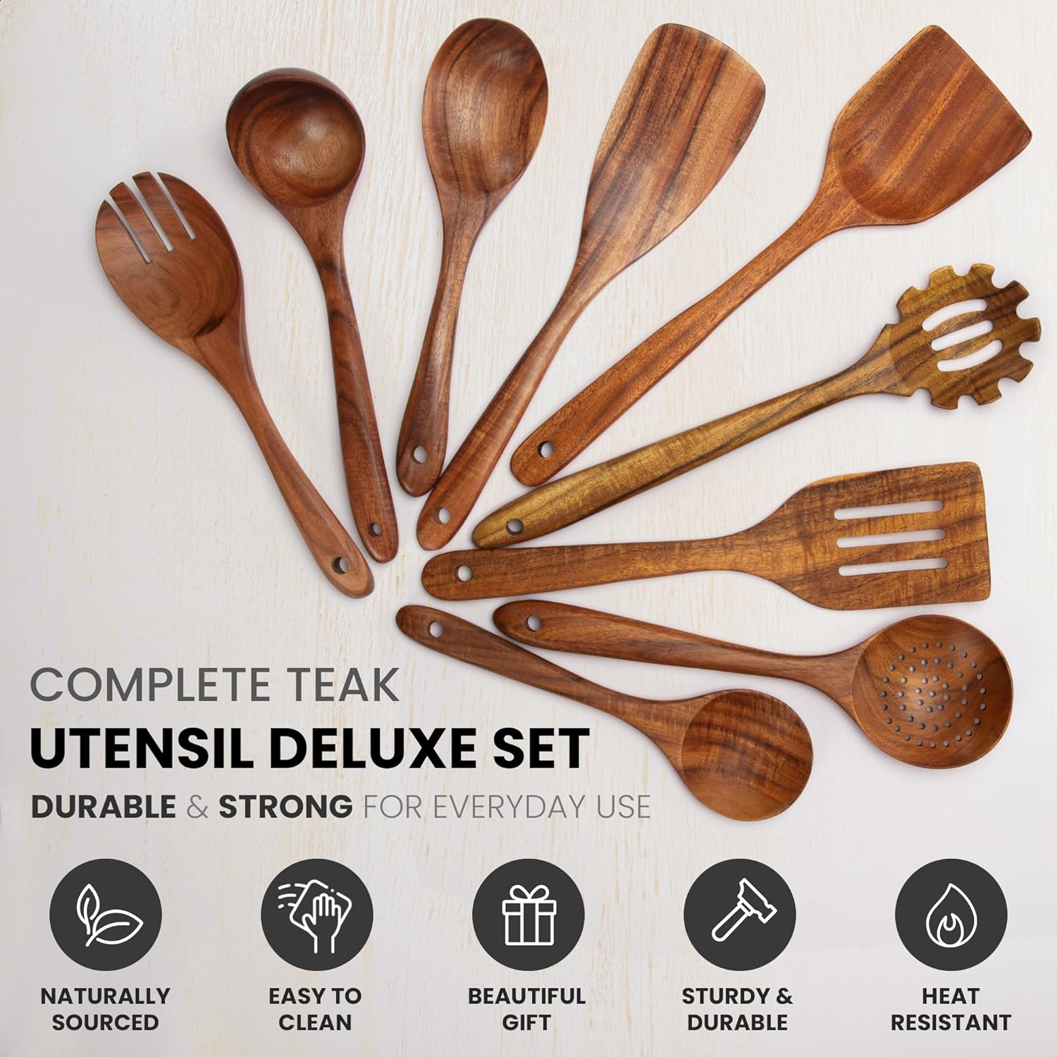Zulay Kitchen 9-Piece Teak Wooden Utensils for Cooking - Natural Teak Utensil Set with Premium Gift