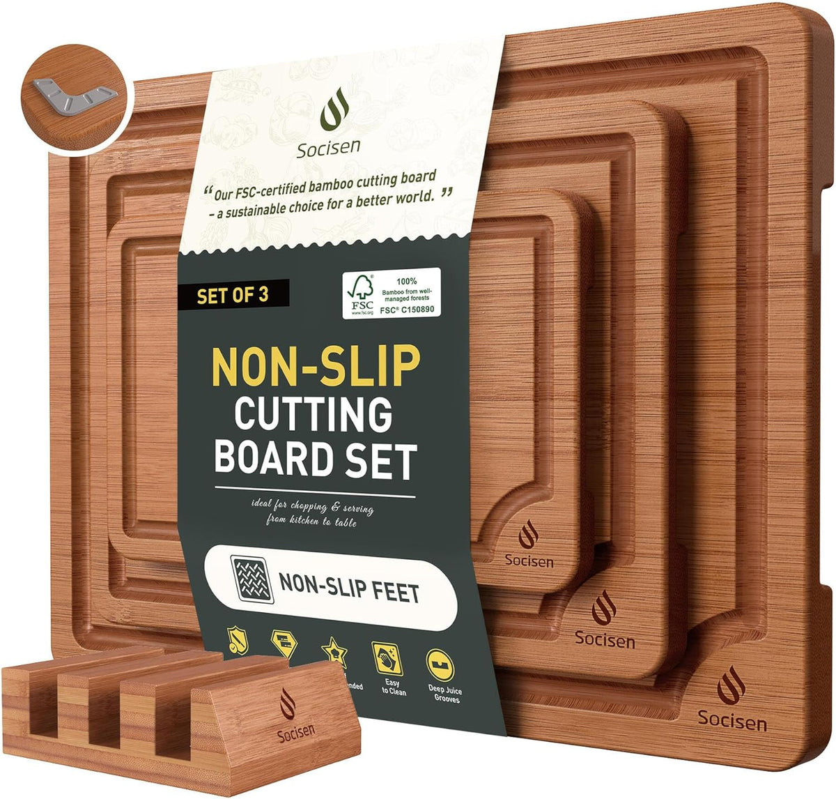 3 Packs Bamboo Cutting Board Set with Non Slip Feet Holder and Over Sink Nice Solid Thick Wood