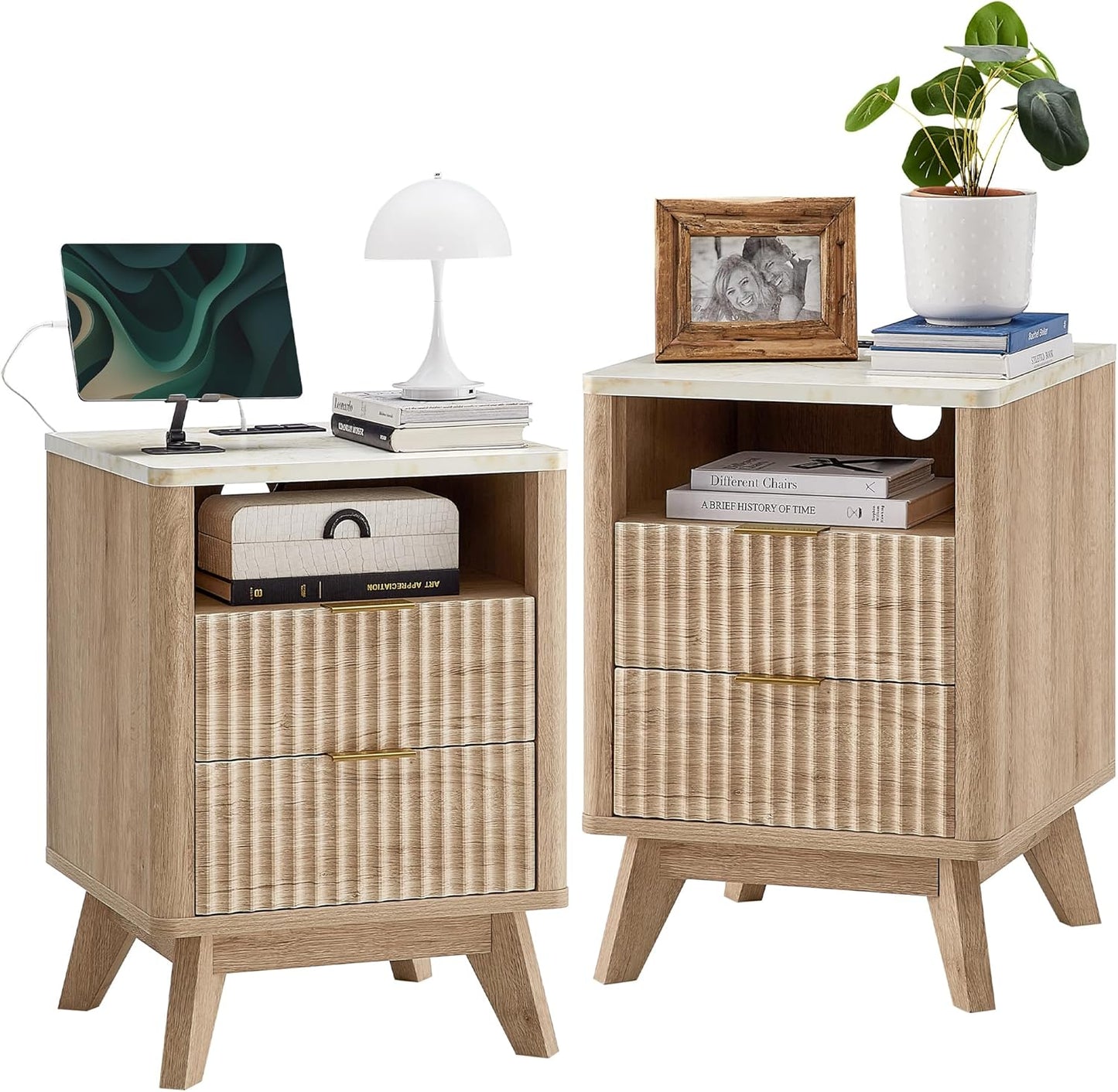 T4TREAM Fluted Nightstand Set of 2 with Charging Station, 18" Modern Side Table with Faux Marble